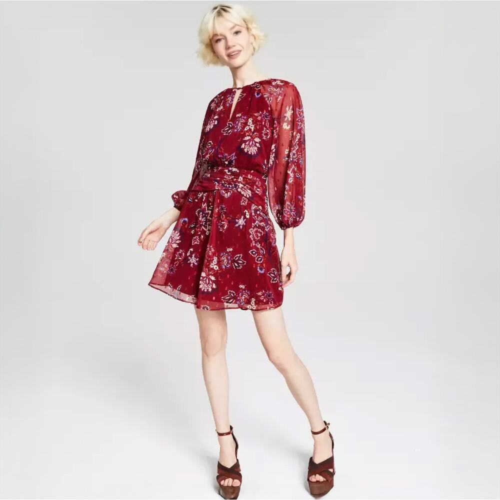 NWOT Vince Camuto Fit and Flare Balloon Sleeve Red Chiffon Dress Sz 10 - Picture 1 of 14